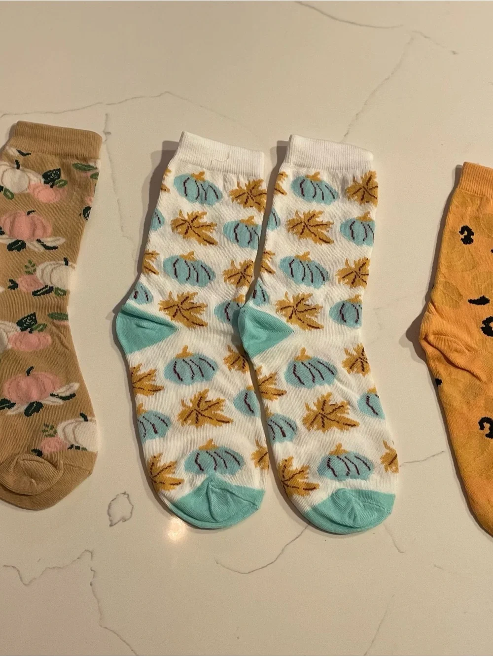 Floral & Pumpkin Pattern Crew Socks - Pack of 3, Yellow/Beige/White